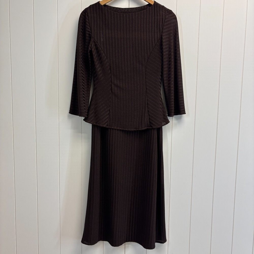 Handmade Womens Classic Minimalist Ribbed Skirt Top Set Size S Chocolate Brown